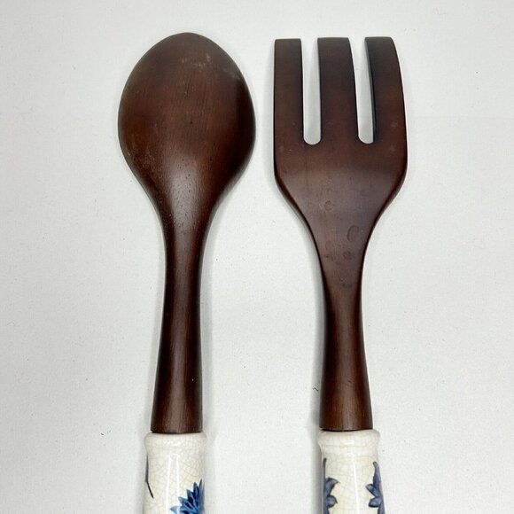 Wooden Salad Serving Fork Spoon Set w/ Porcelain Floral/Bird Handles 13" - Picture 5 of 8